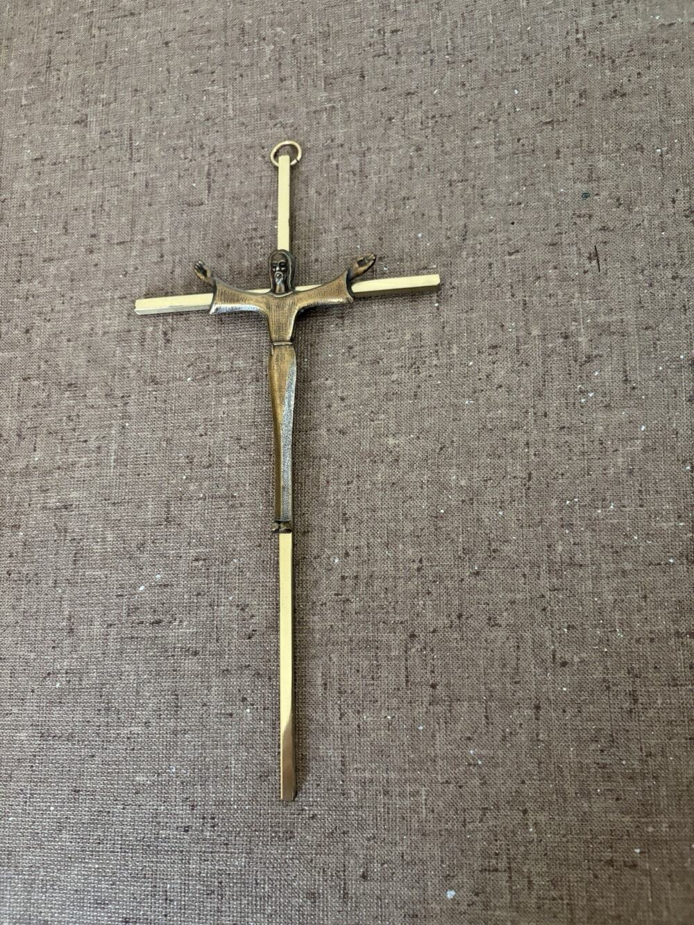 Crucifix Cross Bronze Jesus Wall Hanger Religious Brass Metal 10" Vintage